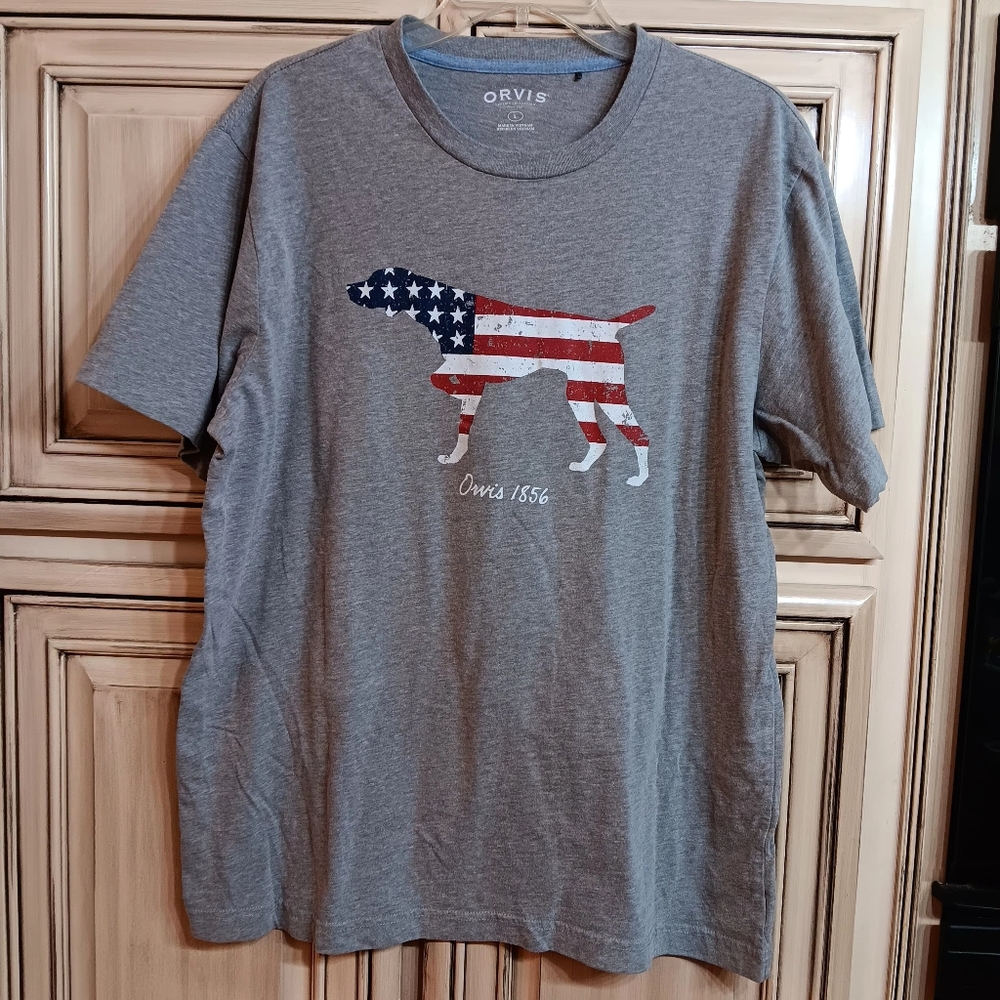 Orvis American Flag Pointer Dog Tshirt - Size Large - Grey
